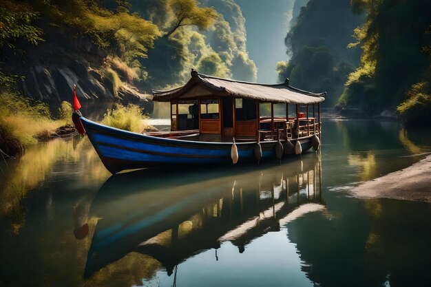 A boat with a blue boat on the water