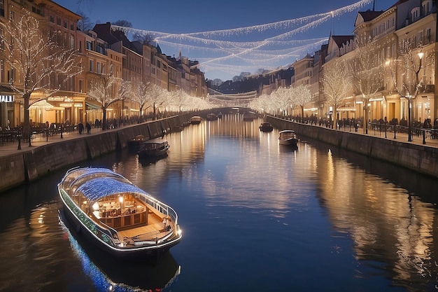 a boat with a blue cover is sailing down a river