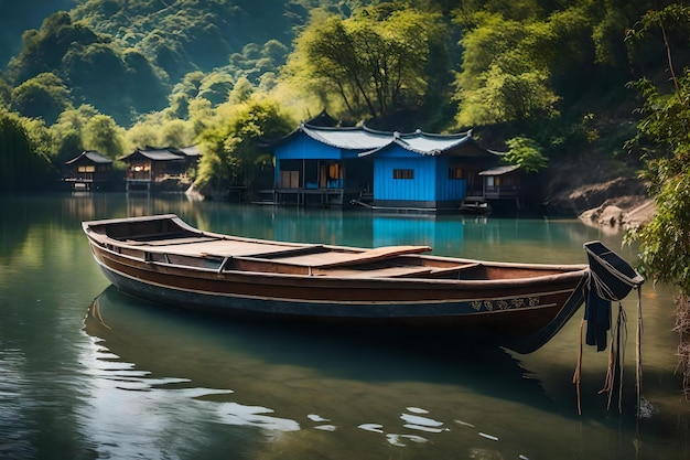 A boat with a blue house on the front