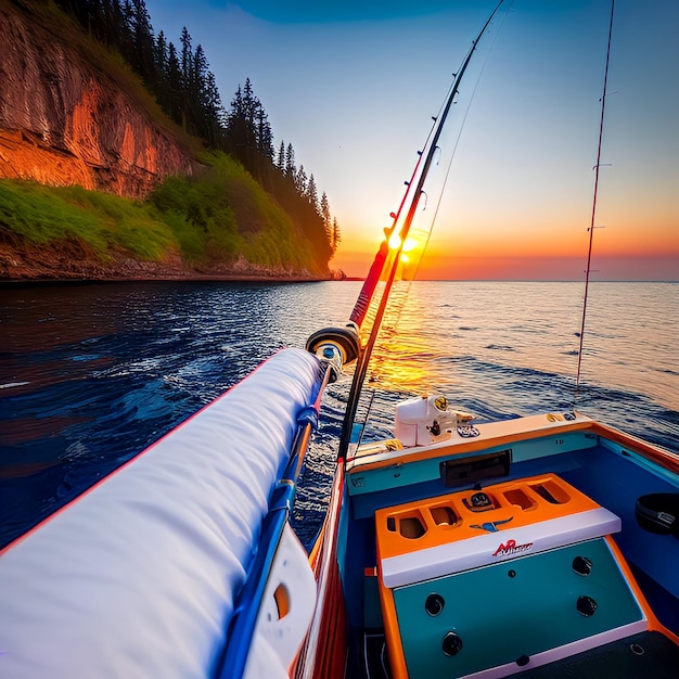 Photo a boat with a blue and orange seat and a white cushion that says'fishing'on it