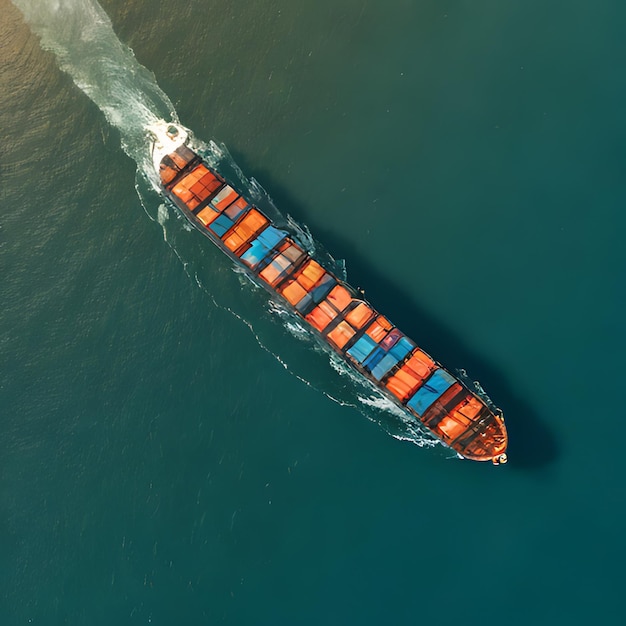 a boat with a blue and red container on the side is traveling on the water