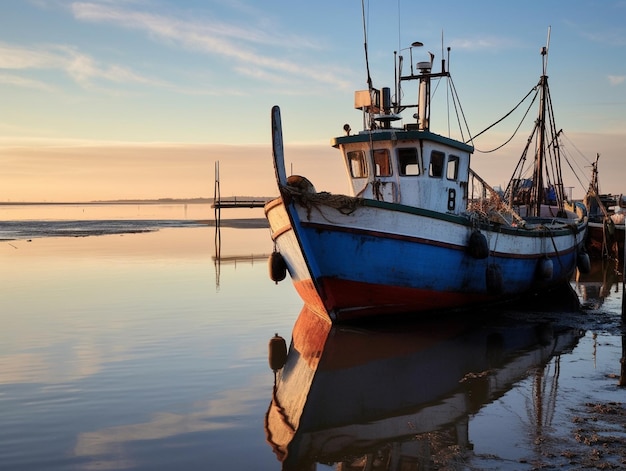 a boat with a blue and white paint is docked in the water.