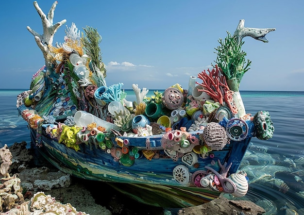 a boat with a boat full of bottles and a bird on the side