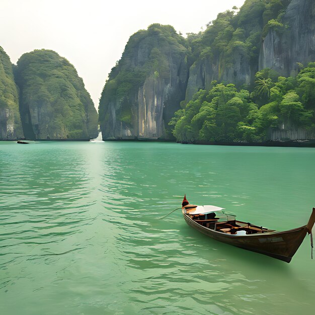 a boat with a boat in the water with a mountain behind it