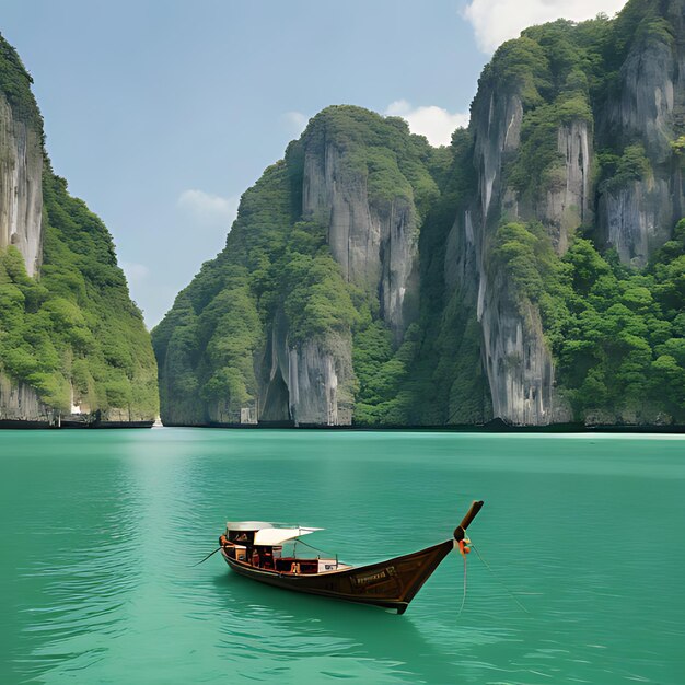 a boat with a boat in the water with a mountain behind it