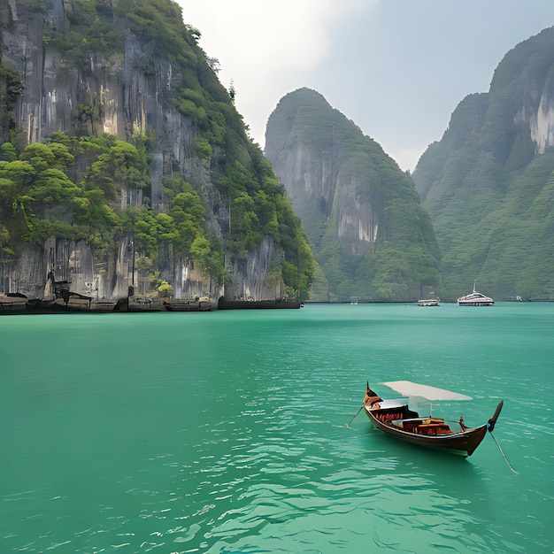 a boat with a boat in the water with a mountain behind it