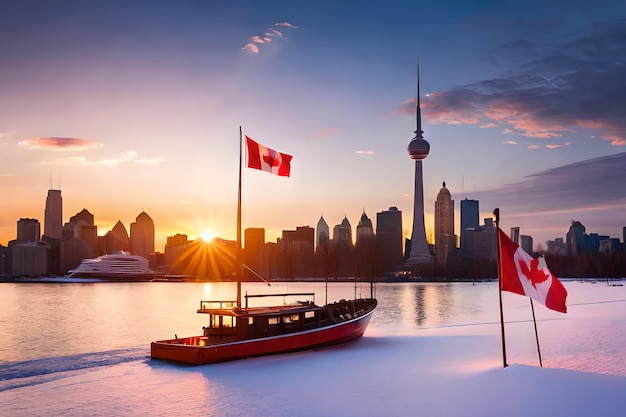 A boat with a canadian flag on the shore in front of a city skyline.