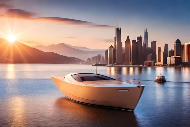 A boat with a city in the background