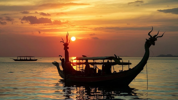 Photo a boat with a dragon on the front and the sun setting behind it