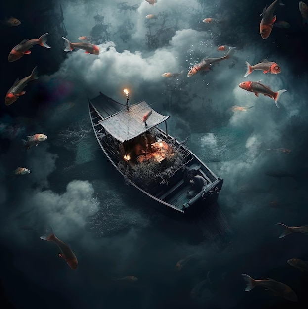 A boat with fish in the water and a boat with a light on it and fog