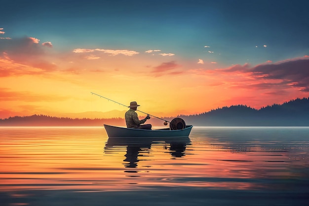 boat with fisherman silhouette on quiet river against sunrise background generated ai