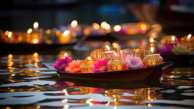 a boat with flowers and candles in the water