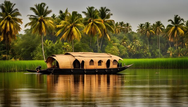 Photo a boat with a house on the back is floating in the water