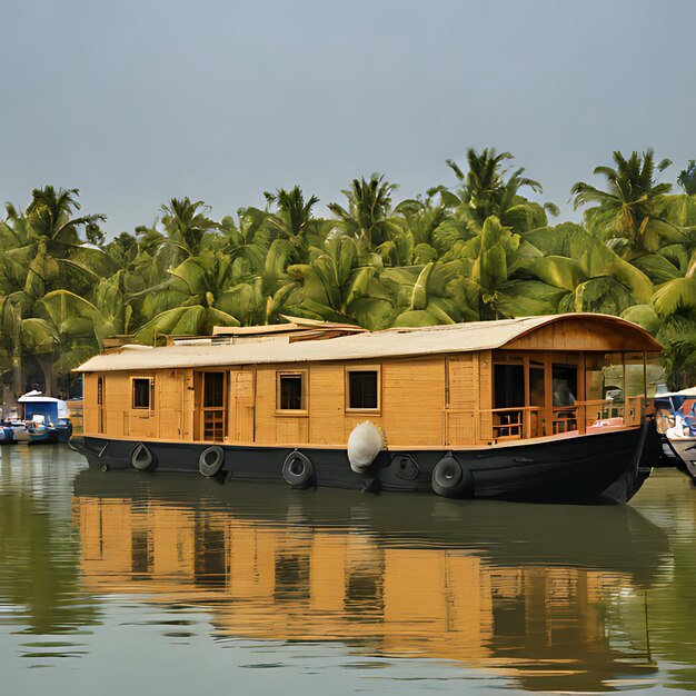 Photo a boat with a house boat on the back is docked in the water