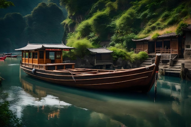 A boat with a house on the front is docked in front of a mountain.