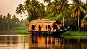 Photo a boat with a house on the front and a palm tree on the right