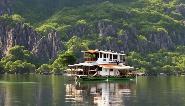 Photo a boat with a house on the top of it is floating in the water