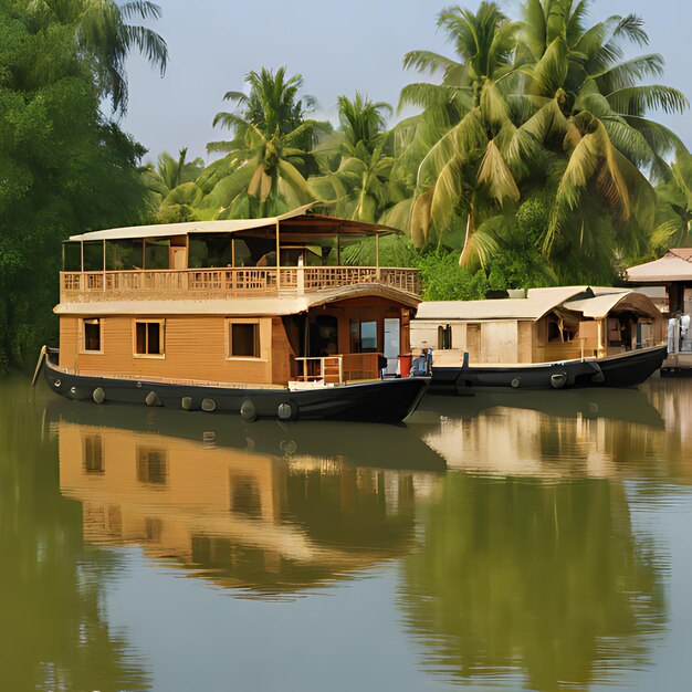 Photo a boat with a houseboat on the water and a palm tree in the background