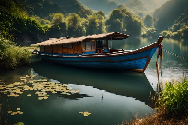 A boat with a houseboat on the water