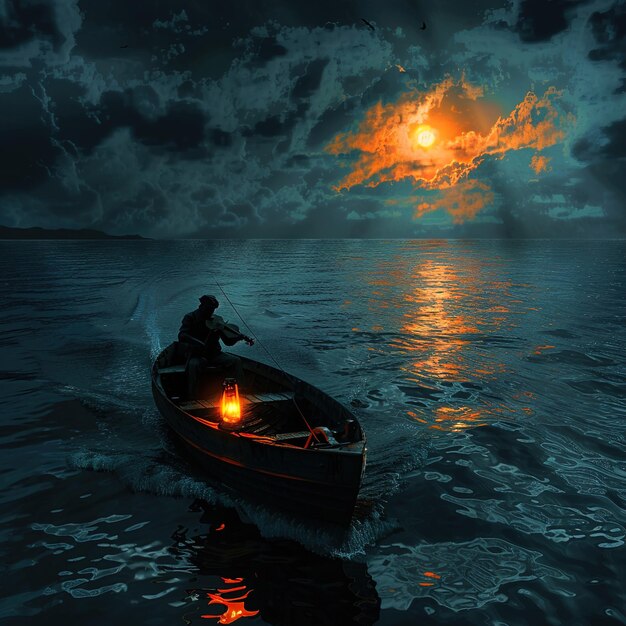 a boat with a light on the front and a man on the boat in the water