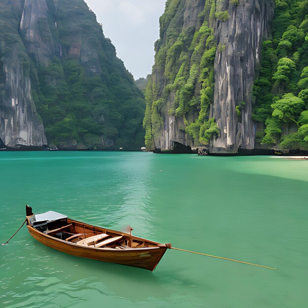 긴 리를 가진 배가 산 근처의 물에 앉아 있습니다.
