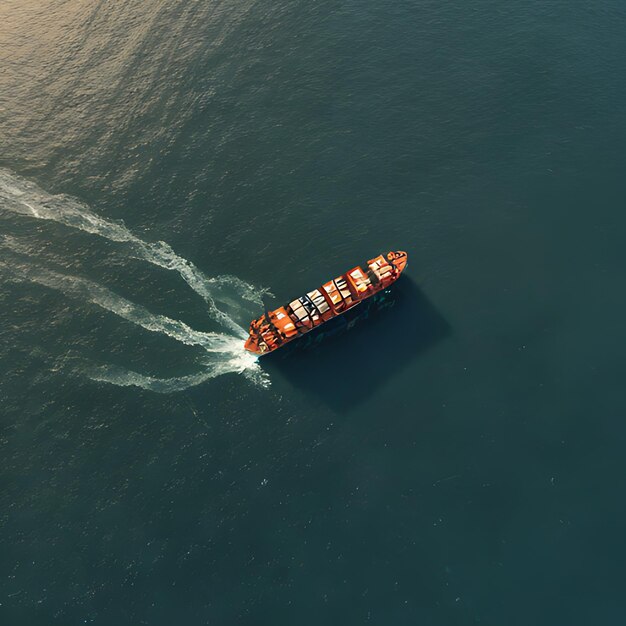 a boat with a lot of orange on the bottom is sailing in the water