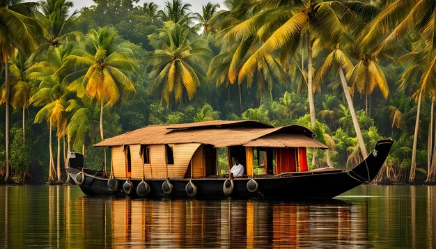 Photo a boat with a man on the roof is traveling in the water