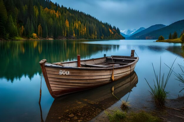 A boat with the number 20 on it sits on a lake