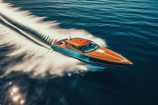 Photo a boat with an orange top is making a wake