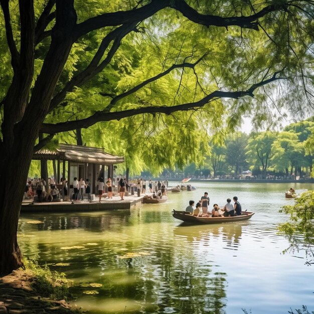 Photo a boat with people in it and a boat with a boat in the water