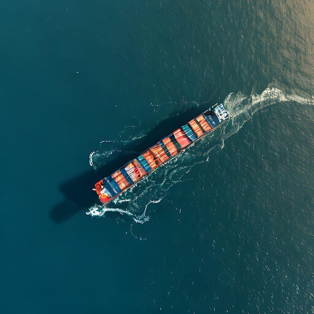 a boat with red and blue on the bottom and a white wake behind it