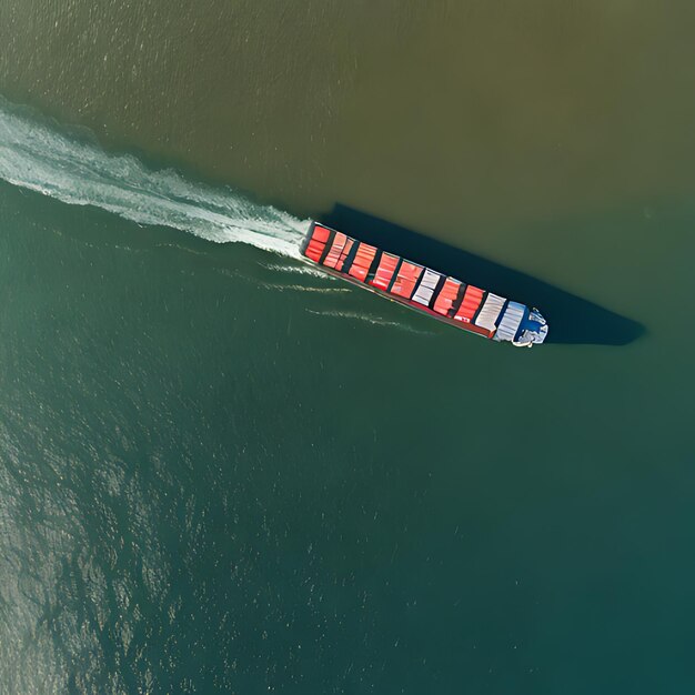 a boat with a red and blue stripe is sailing in the water