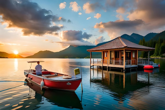 A boat with a red boat on the water and a sign that says " a boat ".