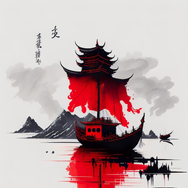A boat with a red flag on the front and a mountain in the background.