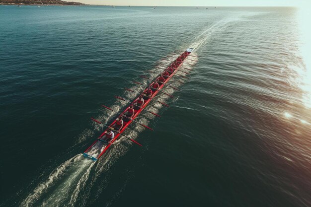 A boat with a red hull is sailing on the water.