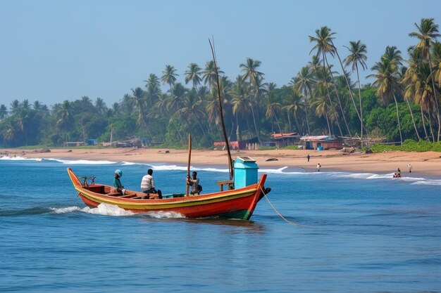 Photo a boat with a red hull is sailing in the water