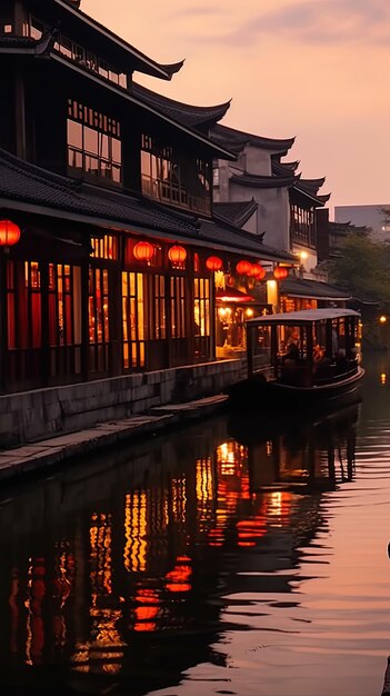 a boat with a red light on it is docked at a canal