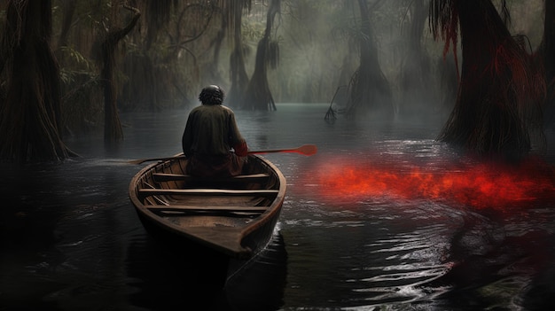 Лодка с лодочником, плавающим на озере в жутком лесу