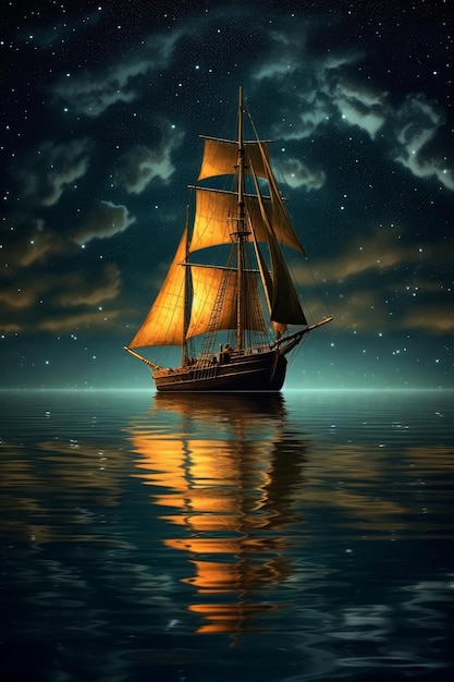 A boat with a sail on the water is cruising past a dark sky