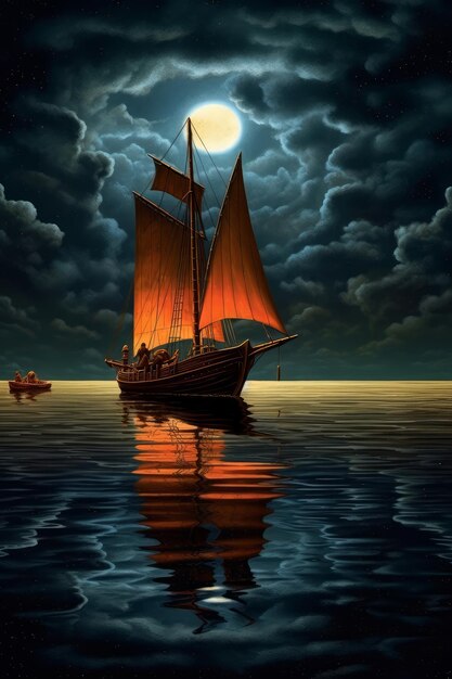 A boat with a sail on the water is cruising past a dark sky