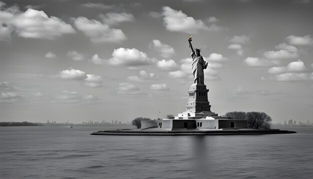 물 속 에 있는 자유 의 동상 이 있는 배