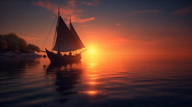 A boat with a sun setting on the water