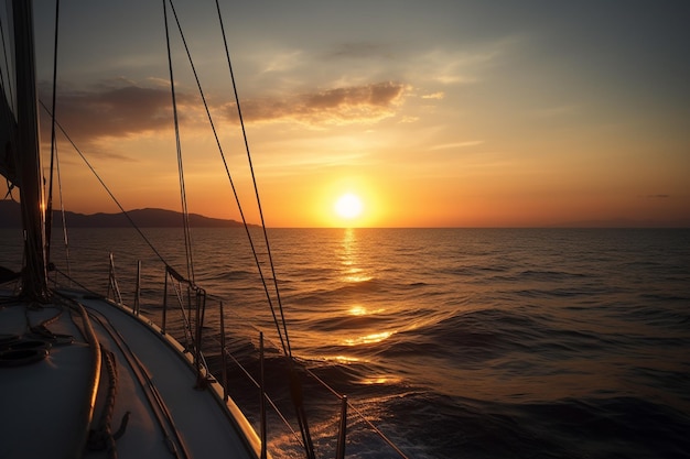 A boat with a sunset in the background