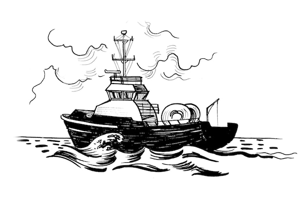 A boat with a tail fin on the front.