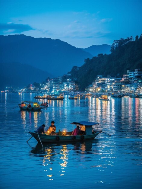 Photo a boat with a view of a city at night