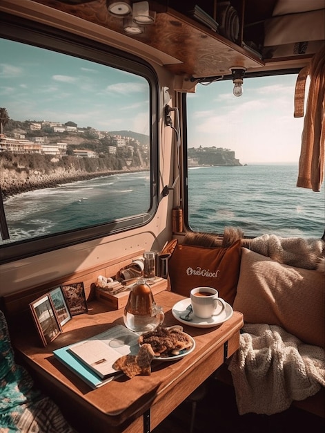 A boat with a view of the ocean and a table with a cup of coffee and a blanket that says origami.