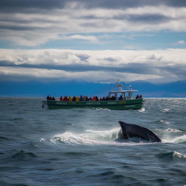 A boat with a whale on it is in the water.