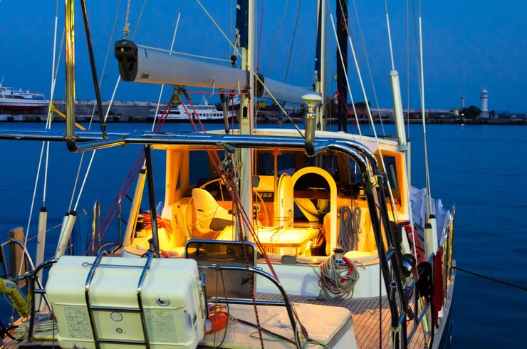 Photo a boat with a white cabin and a white boat with a yellow top.