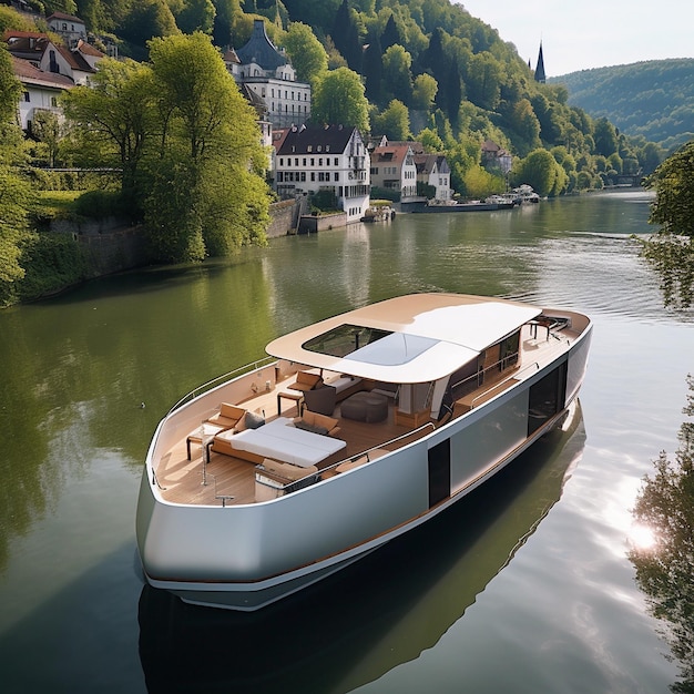 Photo a boat with a white roof is floating on the water.