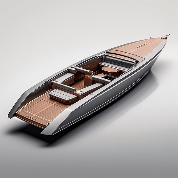 a boat with a wooden seat and a wooden seat